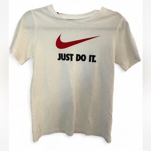 Nike White Tee with Red Swoosh and Black Text